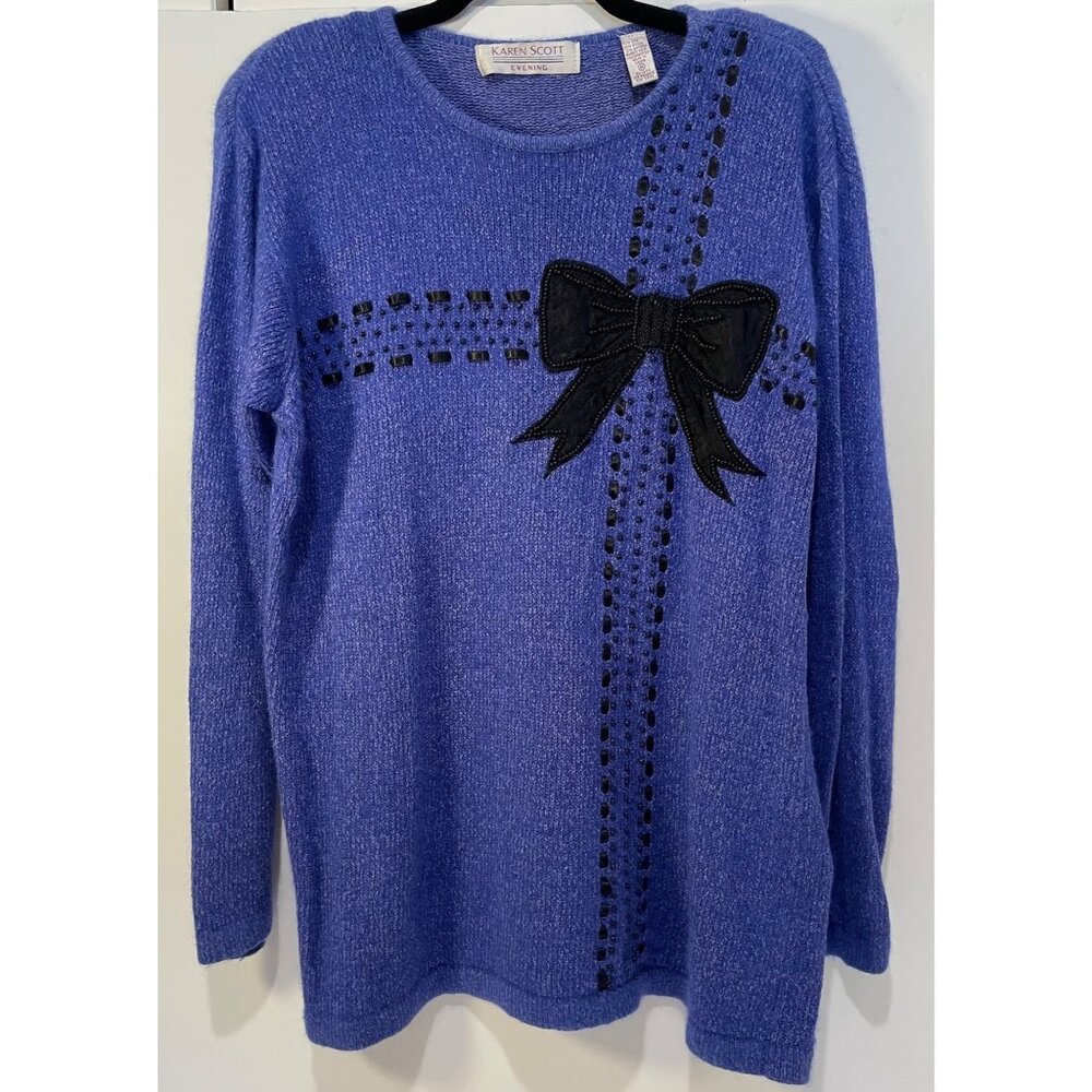 Vtg Karen Scott‎ Silk Blend Bow Sweater Size M Beads Ribbon Preppy Twee Holiday